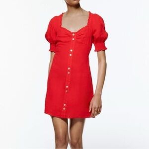 Zara Red Linen SS Shift Smocked Back Dress Women Sz L Decorative Front Button